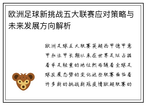 欧洲足球新挑战五大联赛应对策略与未来发展方向解析